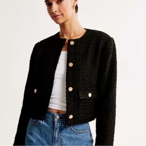 Abercrombie and Fitch Collarless Black Boucle Jacket with Gold Buttons